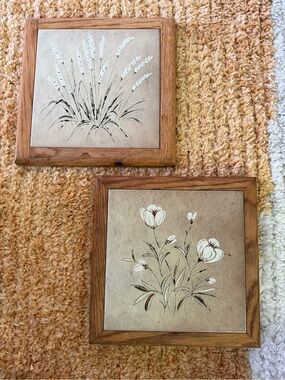 1970 Large Trivet Frame Heavy Ceramic Tile Wheat | White Flowers Pattern